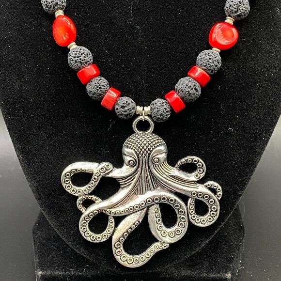Octopus Necklace with Lava & Coral Beads by Neanie-Bot - Picture 2 of 6